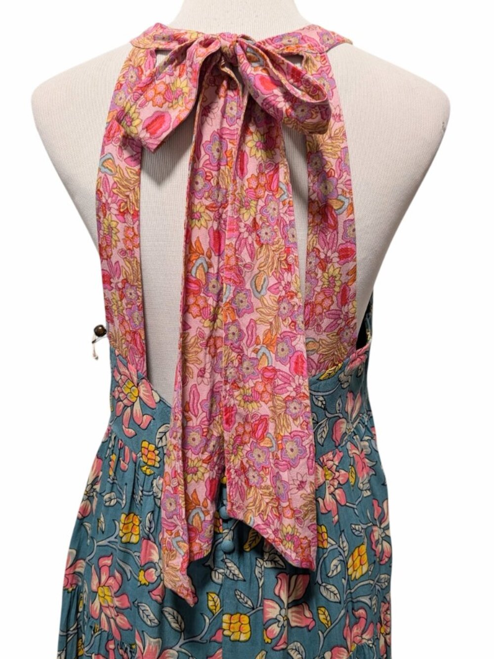 Natural Life Women NWT Sz L Halle Teal Pink Floral Halter Tier Ruffle Maxi Dress - Picture 6 of 11